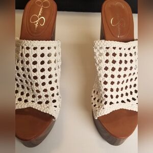 Women's Sz-10M White & Tan Jessica Simpson Shelbie 2 High Platform Slides